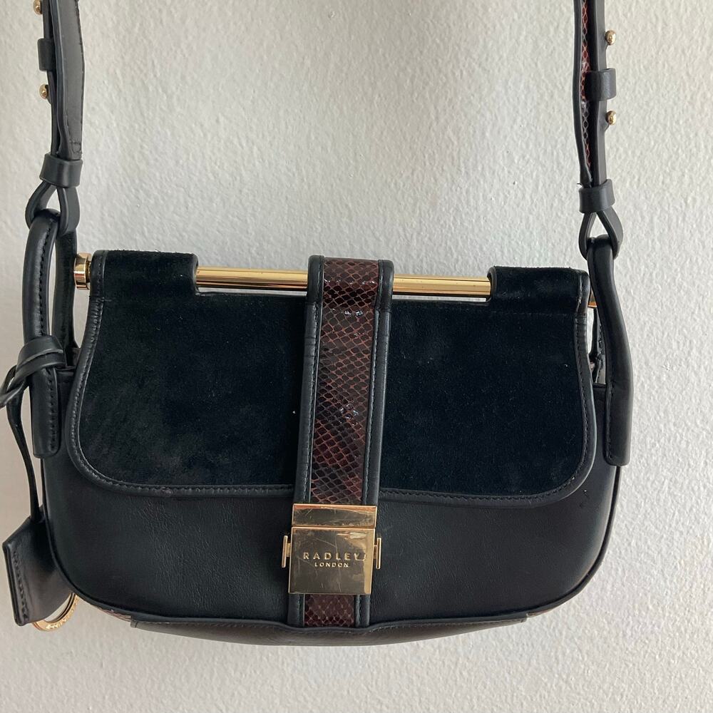 Radley London Remastered Grosvenor Black Leather Suede Snake Print Shoulder Bag